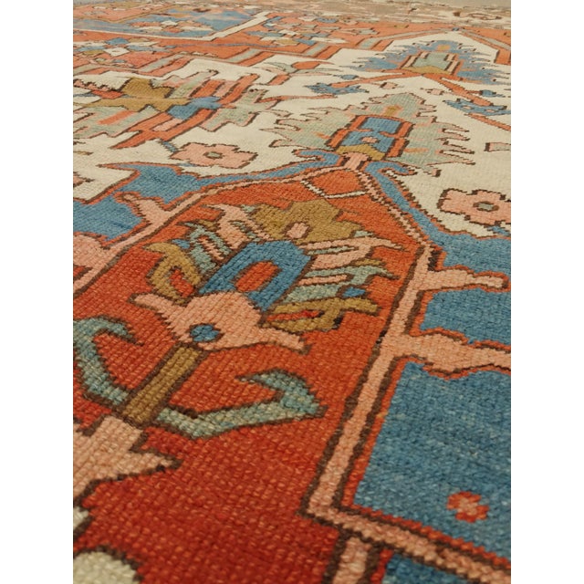 Antique Persian Serapi Carpet, Handmade Wool Oriental Rug, Rust, Ivory, Lit Blue For Sale - Image 12 of 17