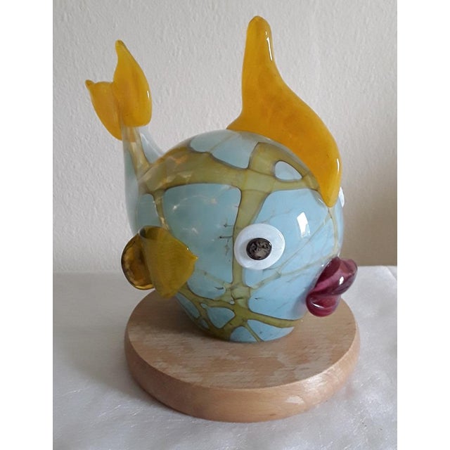 Blue Vintage Fish Table Lamp in Colored Glass & Beech from Joska-Kristall, 1990s For Sale - Image 8 of 9