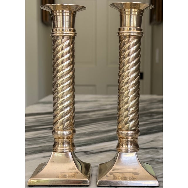 Ralph Lauren Style Solid Brass Candle Sticks - A Pair For Sale - Image 10 of 14