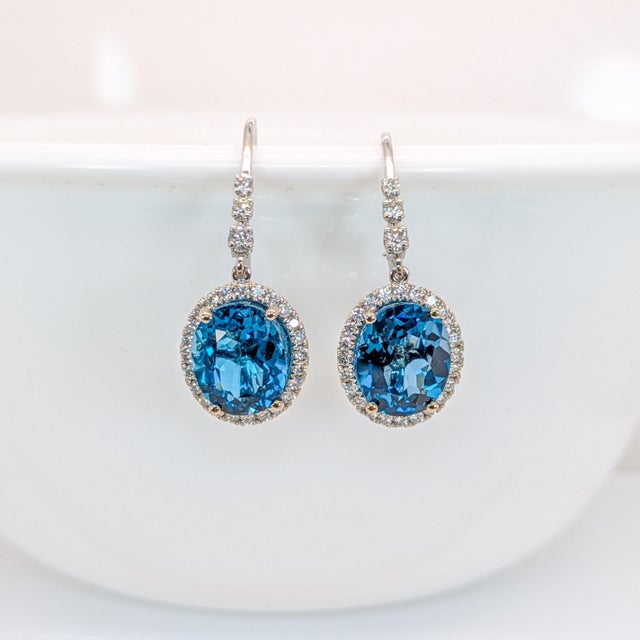 9.6Ct Oval London Blue Topaz Earrings With Diamond Accents in Solid 14k Gold For Sale - Image 4 of 4