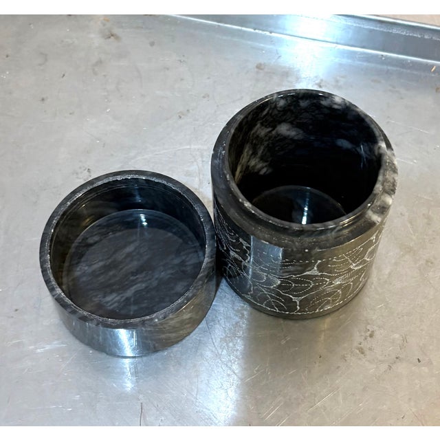 Etched Grey Marble Cylindrical Box For Sale - Image 4 of 4
