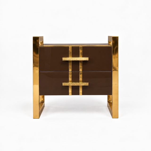 Contemporary Chocolate Brown Glass Bedside Cabinets with Brass Frames from Justfurnituress SRL, Set of 2 For Sale - Image 3 of 10