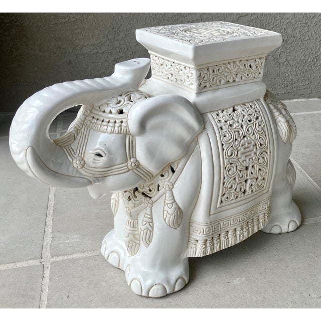 1970s Circa 1970 Fabulous Linen-Hued Earthenware Elephant Garden Stool / Plant Stand For Sale - Image 5 of 18