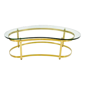Thick Glass Kidney Shape Brass Base Mid-Century Modern Coffee Table