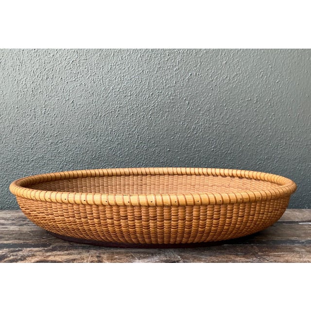 Wood Vintage Rattan Woven Nantucket Basket With Wood Base For Sale - Image 7 of 12