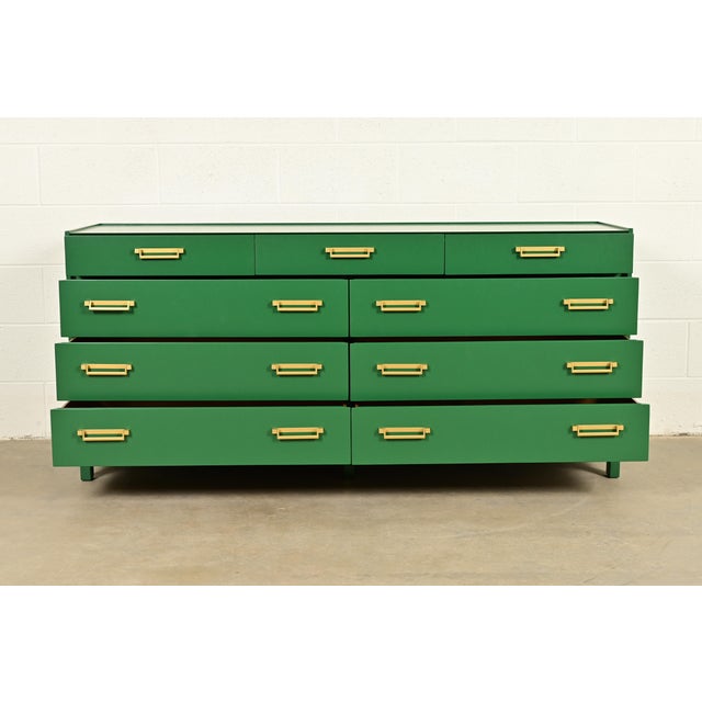 1960s Michael Taylor for Baker Furniture Mid-Century Hollywood Regency Green Lacquered Campaign Dresser, Newly Refinished For Sale - Image 5 of 15
