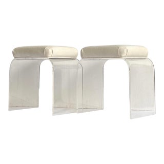Vintage 1970s White Leather Waterfall Lucite Stool or Bench - a Pair For Sale