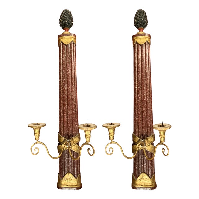 19th Century Antique Tuscan Giltwood and Faux Porphyry Wall Sconces, Set of 2 For Sale