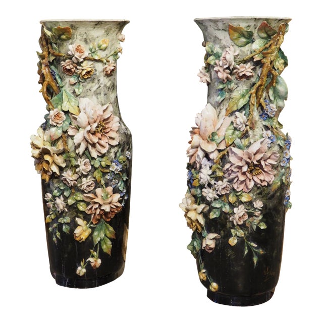 An Exceedingly Rare Pair of Monumental Antique French Gros Relief Barbotine Vases by Théodore Lefront, Circa 1875 For Sale