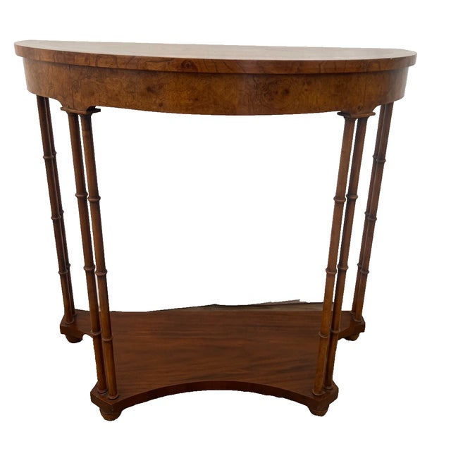Gorgeous Vintage Baker Fine Furniture Demilune Console Table Banded Burl Walnut top inlay. 31" Tall X 15" Deep, 32" Wide....