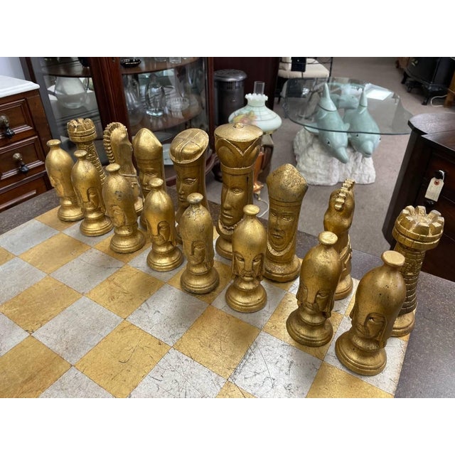 Gold Vintage Style Chess Board Game Table, With 32 Matching Pieces, Silver Leaf + Gold Leaf For Sale - Image 8 of 9