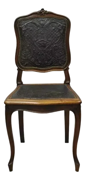 Early 20th Century Antique French Louis XV Style Brown Embossed Leather Walnut Side Chair (C)