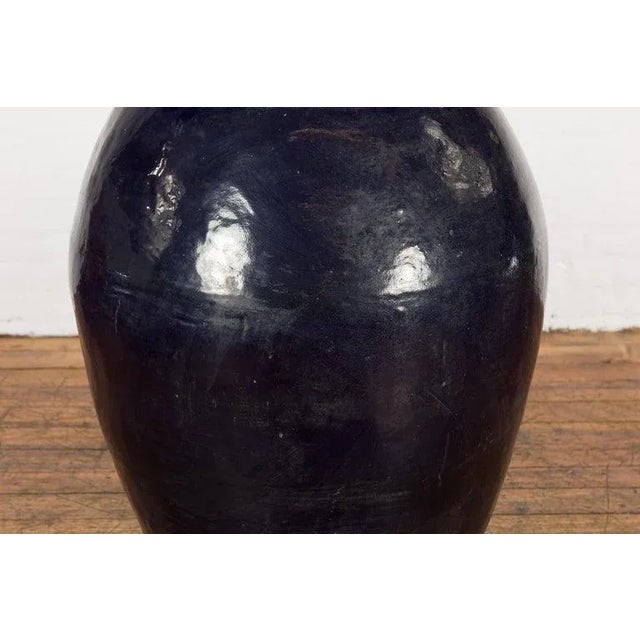 Ink Blue Vintage Oversized Thai Midnight Blue Glazed Water Vessel with Tapering Lines For Sale - Image 8 of 13