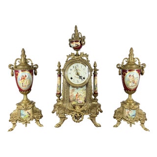 Lancini Imperial Ormolu Porcelain Gilt Brass Mantle Clock Garniture, Set of 3 For Sale
