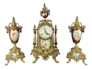 Lancini Imperial Ormolu Porcelain Gilt Brass Mantle Clock Garniture, Set of 3