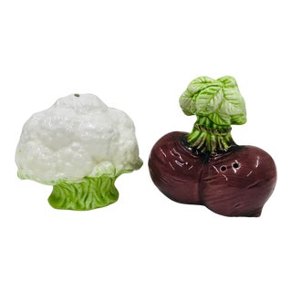 Late 20th Century Majolica Cauliflower & Radishes Vegetable Salt and Pepper Shakers- a Pair For Sale