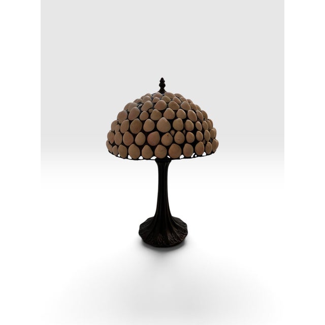 Vintage Richard Hoosin Style Leaded Seashell Table Lamp With Art Nouveau Bronze-Finish Base - Signed For Sale In West Palm - Image 6 of 11