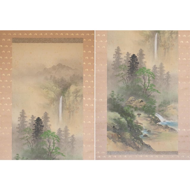 Japanese "Landscape With Waterfall", Showa Japanese Silk Scroll Painting For Sale - Image 3 of 18