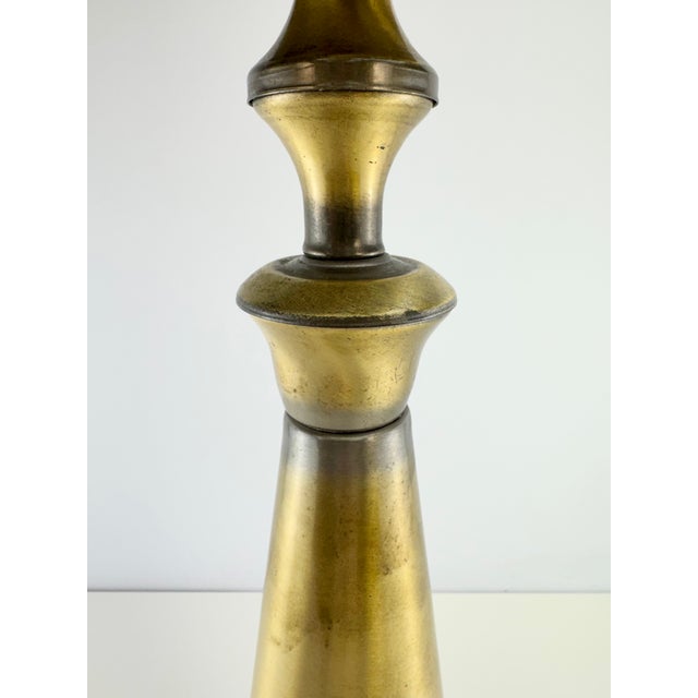 Vintage Hollywood Regency Antique Brass Candlestick Table Lamp With Black Shade For Sale - Image 9 of 13