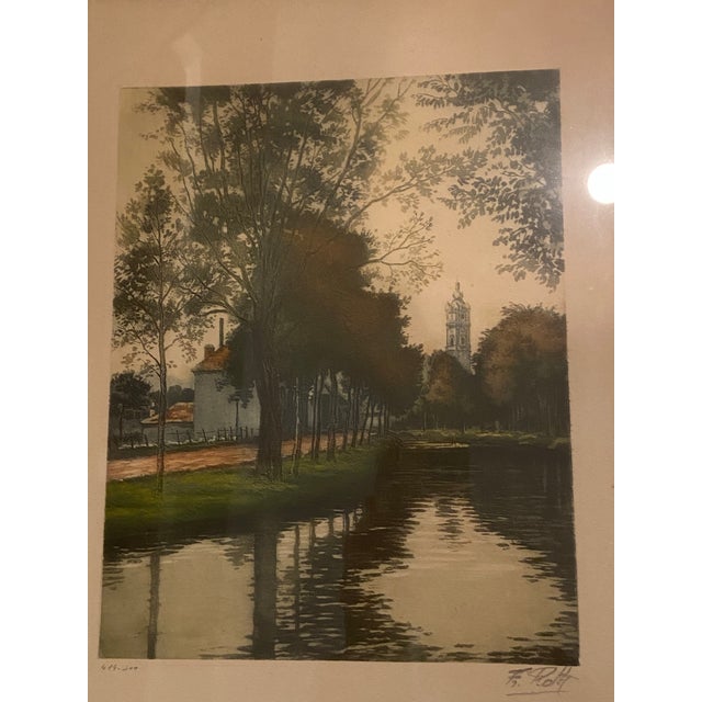 Antique French Canal Landscape Etching Signed F. Roth, Framed For Sale - Image 9 of 12