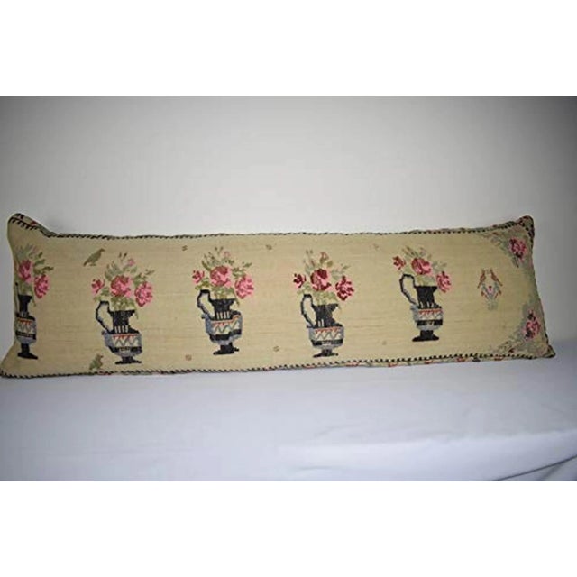 1990s Vintage Flatweave Kilim Rug Pillow With Embroidered 18'' X 57'' For Sale - Image 5 of 5