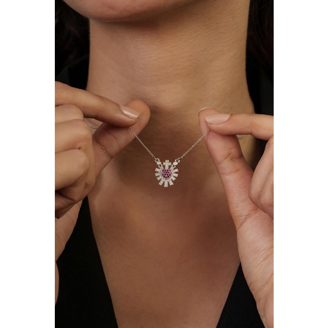 Contemporary Vintage Inspired Ruby Diamond Sacred Heart Necklace in 14k White Gold For Sale - Image 3 of 14