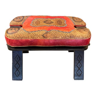 Moroccan Hand Made Leather and Wood Bench For Sale
