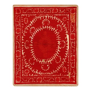Rich Earth Tones Square Suzani | Brown, Green, & Red Vintage Style Textile Art 3'11'' X 4'9'' For Sale