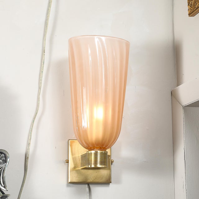 Rose Modernist Hand-Blown Smoked Rose Murano Fluted Glass Sconces With Brass Fittings For Sale - Image 8 of 17