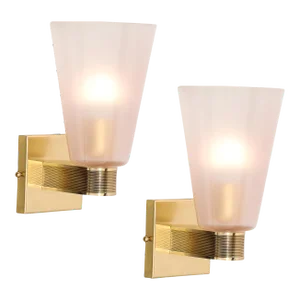 Pair of Modernist Hand-Blown Murano Smoked Pink Glass W/ Reeded Brass Sconces