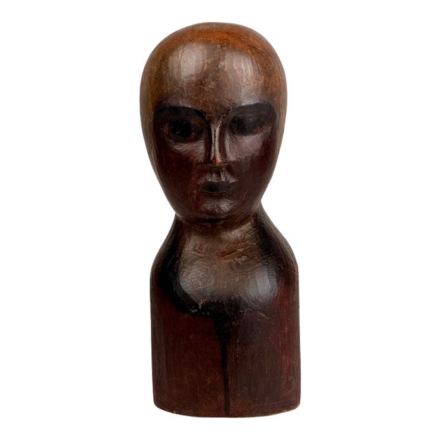 Unique 19th C. American Wood, Hand Carved Milliner Head Bust Sculpture For Sale
