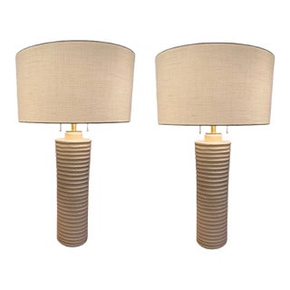 Baker Furniture Ceramic Ribbe Table Lamp W/ Shade Pair For Sale