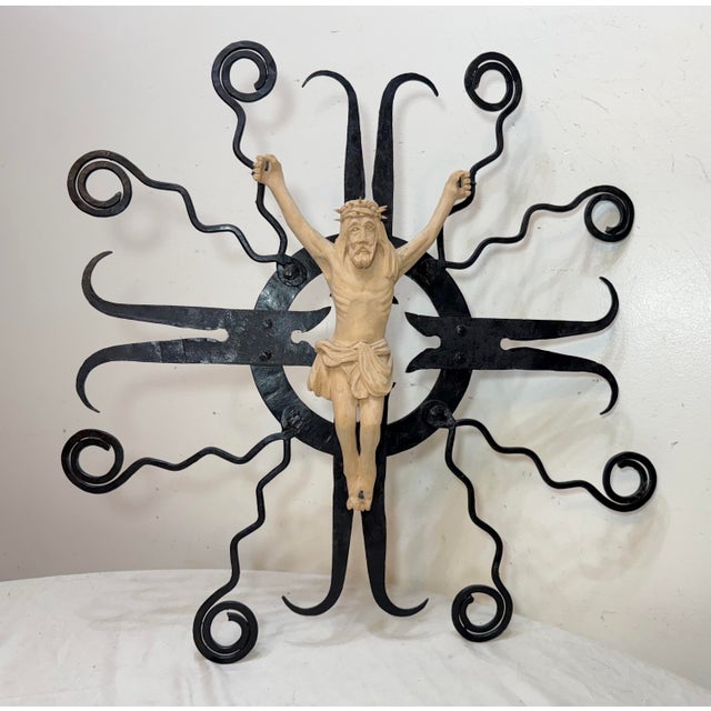 1950s Large Vintage Carved Wood Wrought Iron Religious Wall Crucifix Cross Sculpture For Sale - Image 5 of 14