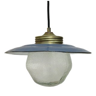 Vintage Blue Enamel and Brass Frosted Glass Pendant Light For Sale