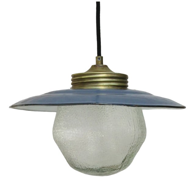 Vintage Blue Enamel and Brass Frosted Glass Pendant Light For Sale