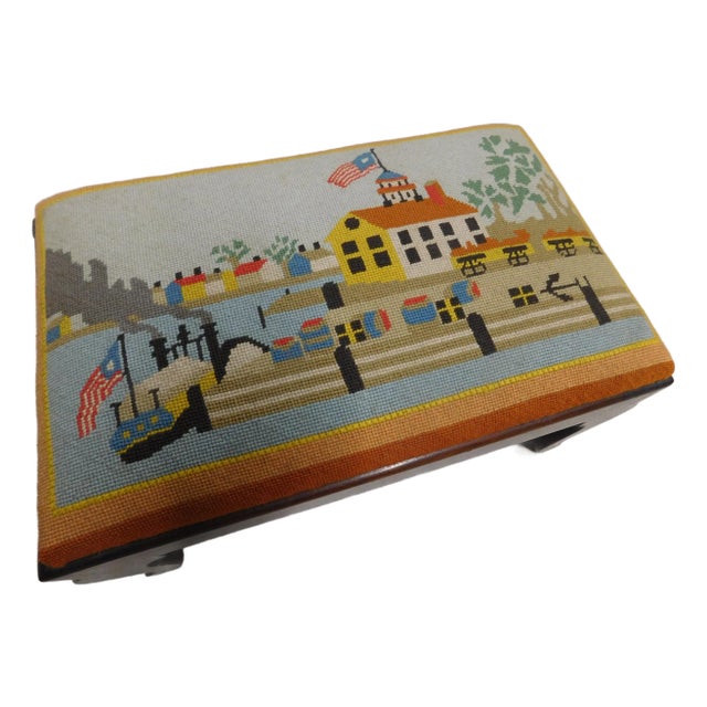 1960s Mid Century Stool With Hand Made Folk Art Needlepoint For Sale