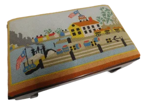 1960s Mid Century Stool With Hand Made Folk Art Needlepoint