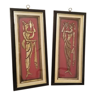 Mid 20th Century Hollywood Regency Metal Art Wall Plaques 3D Grecian Goddess Shadow Box With Glass - a Pair For Sale