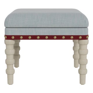Bunny Williams Home Red Tape Stool in Sky Performance Linen with Antique Brass Nailheads and Alpine Legs For Sale