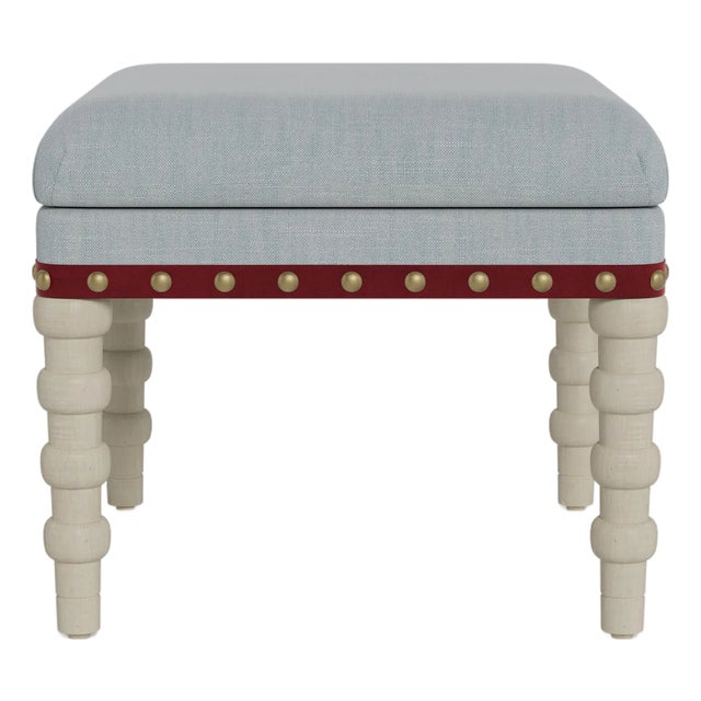 Bunny Williams Home Red Tape Stool in Sky Performance Linen with Antique Brass Nailheads and Alpine Legs For Sale