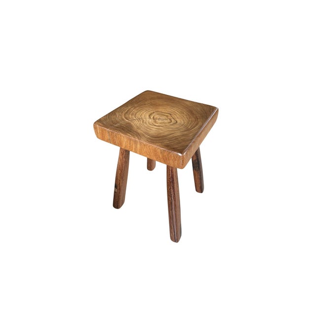 Contemporary Solid Teak Wood Stool With Sculptural Grain Top and Hand-Shaped Legs For Sale - Image 3 of 5