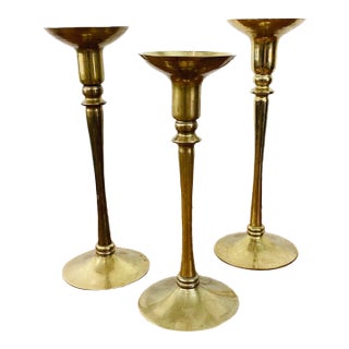 Vintage Tall Brass Graduated Size Set of 3 Candle Holders For Sale