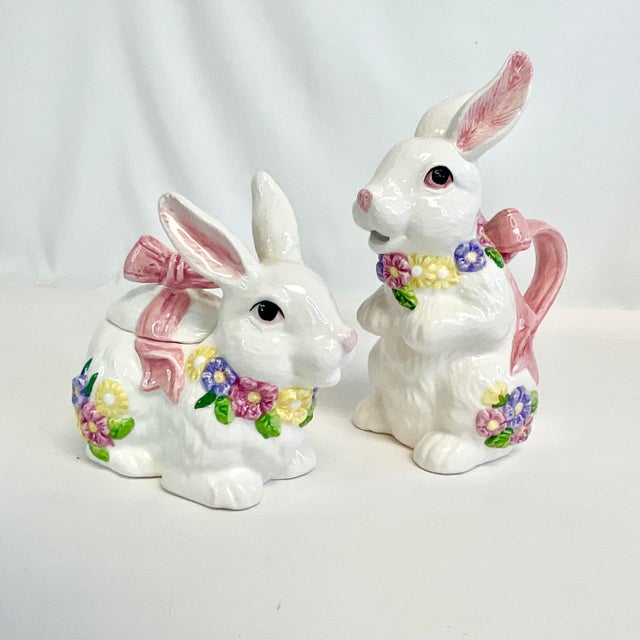 This is a set of adorable Bunny Creamer and Sugar Bowl Set finished in a high gloss Majolica. It’s in the Trompe L’Oeil...
