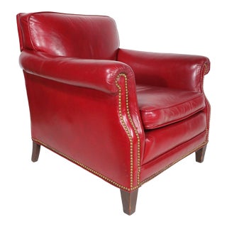 Red Leather Club Chair With Brass Nailhead Trim For Sale