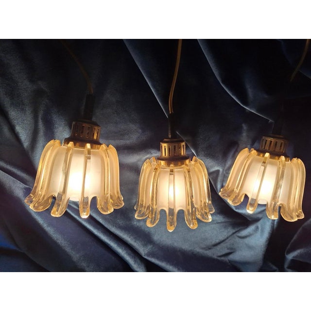 Mid-Century Modern Pendant Lights in Brass and Amber-Colored Glass from Doria, Set of 3 For Sale - Image 9 of 15