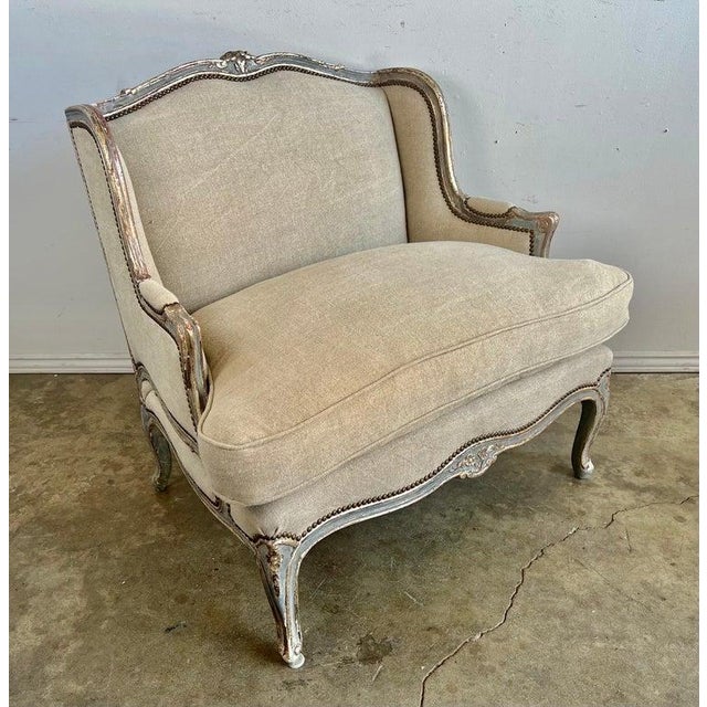 Wood French Louis XV Style Bergeres W/ Belgium Linen Upholstery For Sale - Image 7 of 14