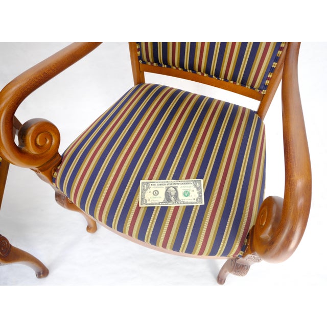 Pair of Regency Style Carved Open Arm Fireside Lounge Chairs Stripe Upholstery For Sale - Image 15 of 18