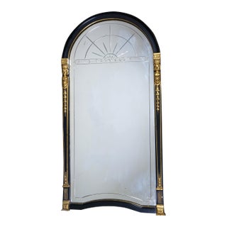 Antique Egyptian Revival Black & Gold Etched Arched Vanity Mirror Venetian 40" For Sale