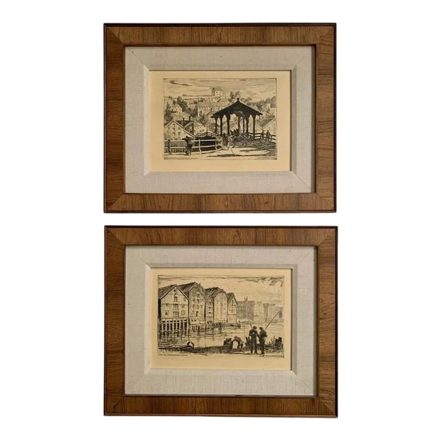 1930s Chrix Dahl Norwegian Etchings, Framed - a Pair For Sale