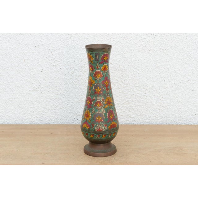 1960s Mid-Century Etched Brass & Enamel Vase For Sale - Image 5 of 8